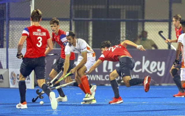 Players vie for ball during FIH Men's Junior Hockey World Cup 2021 match between India and France at Kalinga Stadium, in Bhubaneswar (PTI)