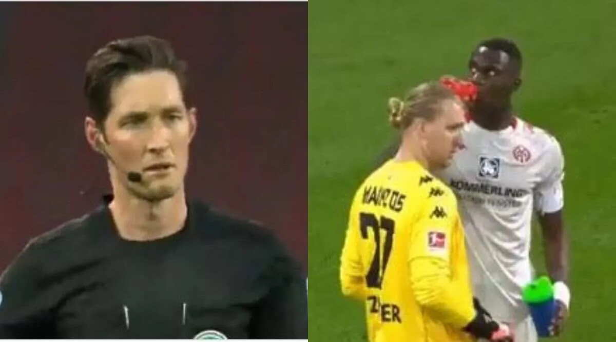 Bundesliga referee Matthias Jollenbeck halts the game so that Mainz defender Moussa Niakhate could hydrate himself. (Photo Source: Google)