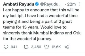 Ambati Rayudu's Tweet Screenshot.
